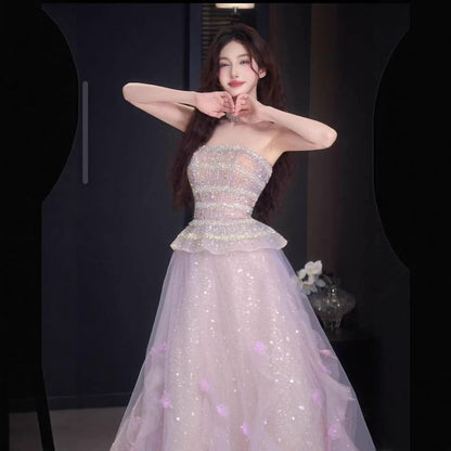 Strapless Sequin Flower Accent Ruffle Trim A-Line Evening Gown