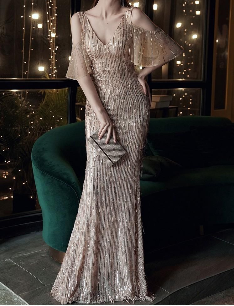 Ruffle Sleeve V-Neck Cold Shoulder Sequin Fringed Mermaid Evening Gown