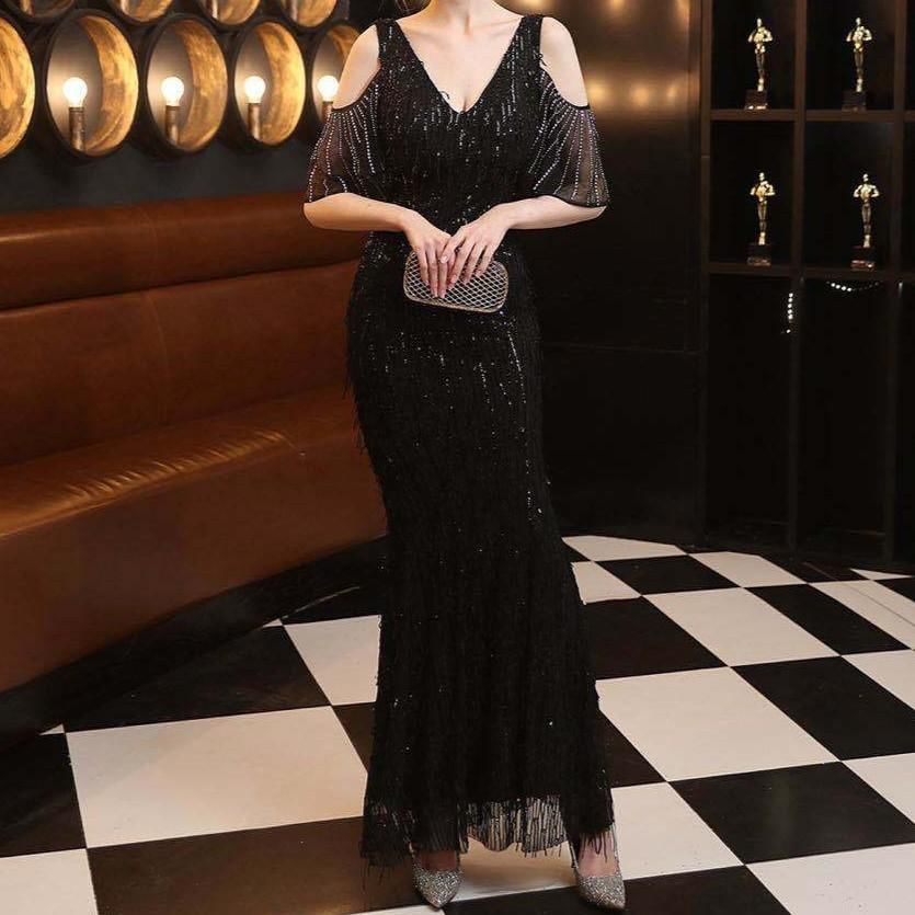 Ruffle Sleeve V-Neck Cold Shoulder Sequin Fringed Mermaid Evening Gown