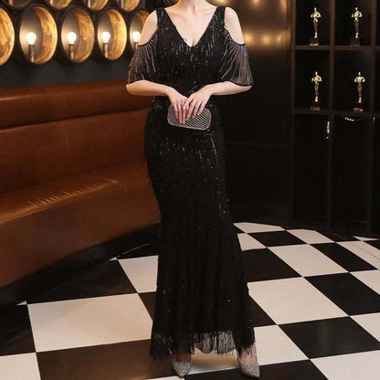Ruffle Sleeve V-Neck Cold Shoulder Sequin Fringed Mermaid Evening Gown