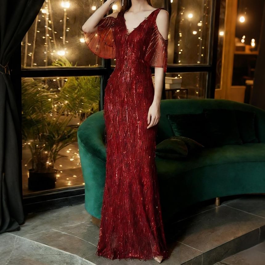 Ruffle Sleeve V-Neck Cold Shoulder Sequin Fringed Mermaid Evening Gown