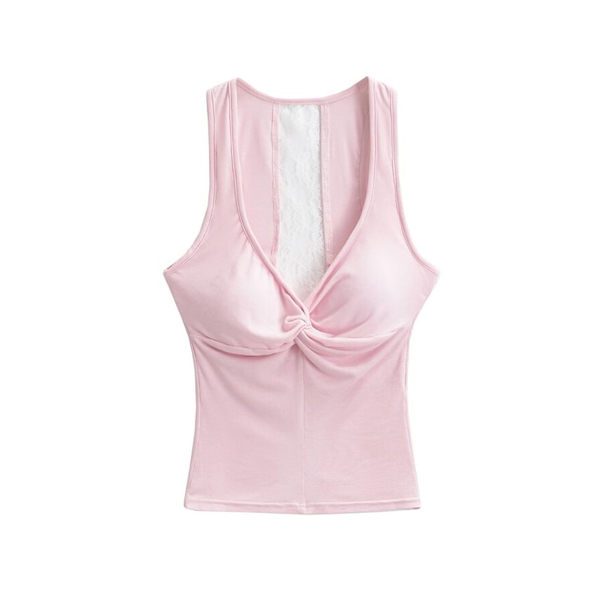 V-Neck Twist Padded Lace Tank Top
