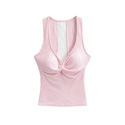 V-Neck Twist Padded Lace Tank Top