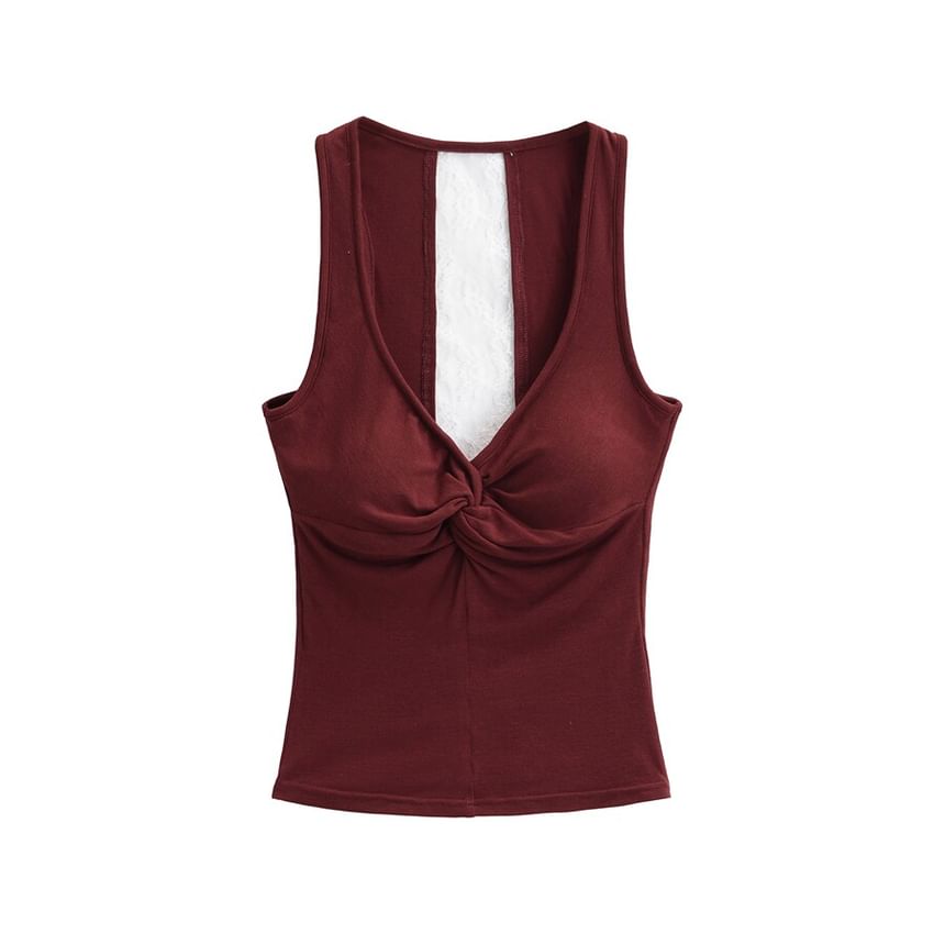 V-Neck Twist Padded Lace Tank Top