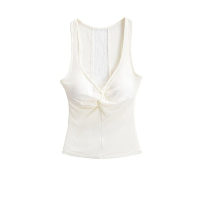 V-Neck Twist Padded Lace Tank Top