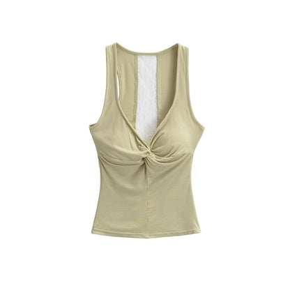 V-Neck Twist Padded Lace Tank Top
