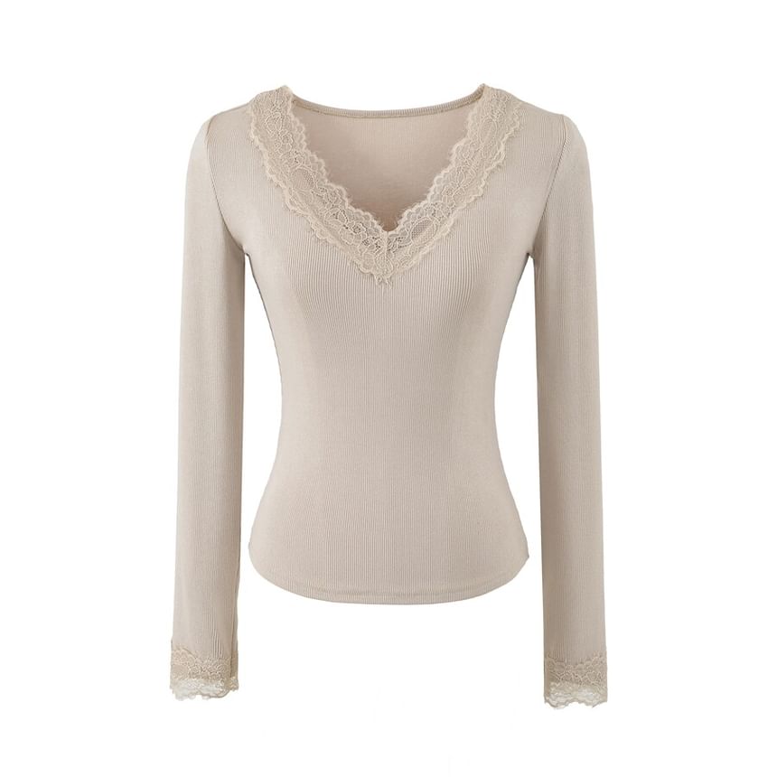 V-Neck Panel Lace Top with Long Sleeves