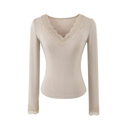 V-Neck Panel Lace Top with Long Sleeves