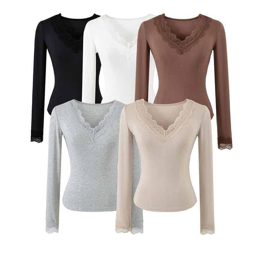 V-Neck Panel Lace Top with Long Sleeves