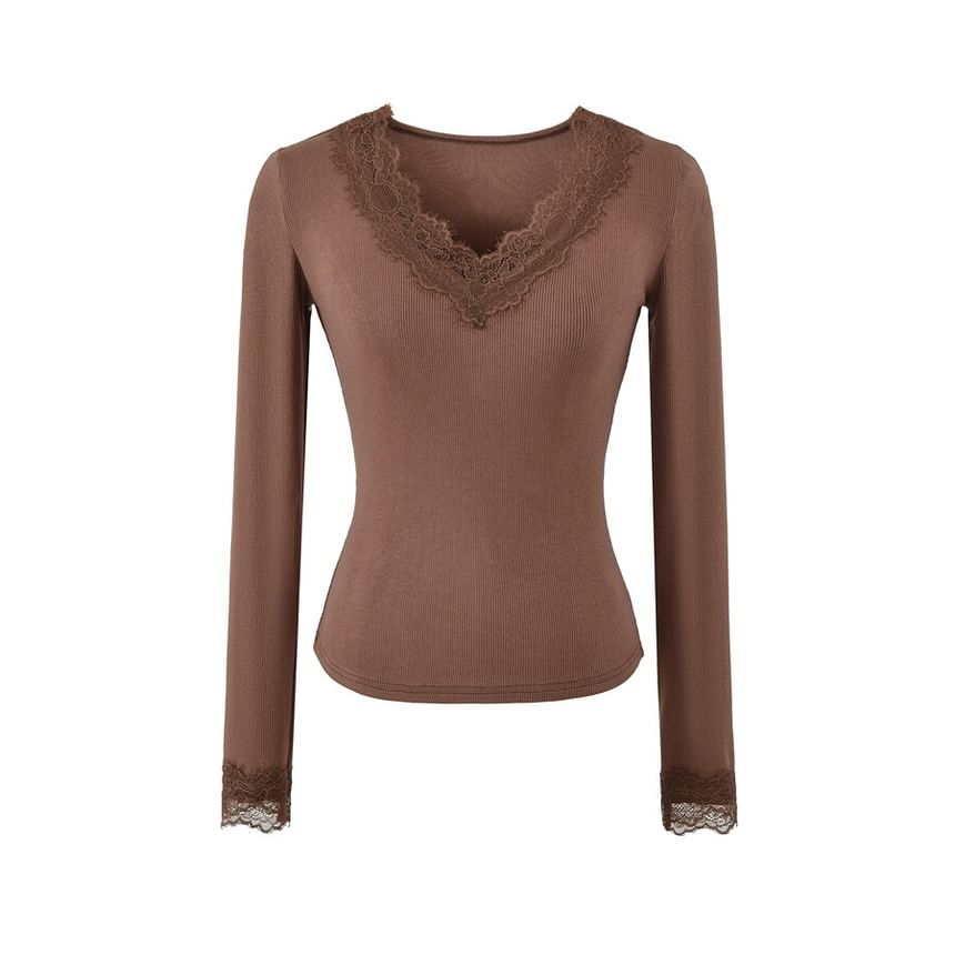 V-Neck Panel Lace Top with Long Sleeves