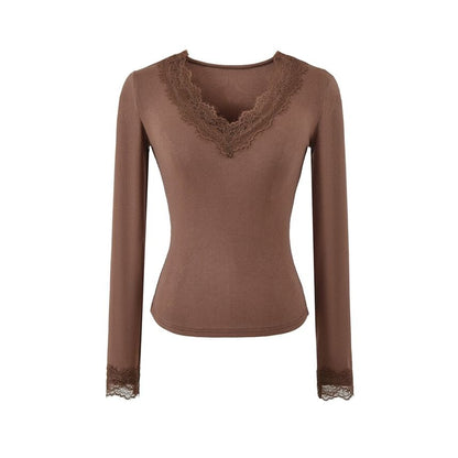 V-Neck Panel Lace Top with Long Sleeves