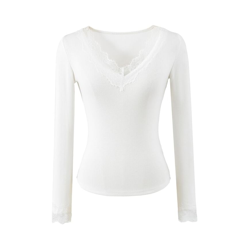 V-Neck Panel Lace Top with Long Sleeves