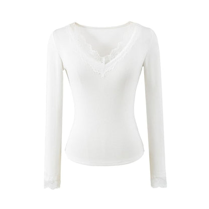 V-Neck Panel Lace Top with Long Sleeves
