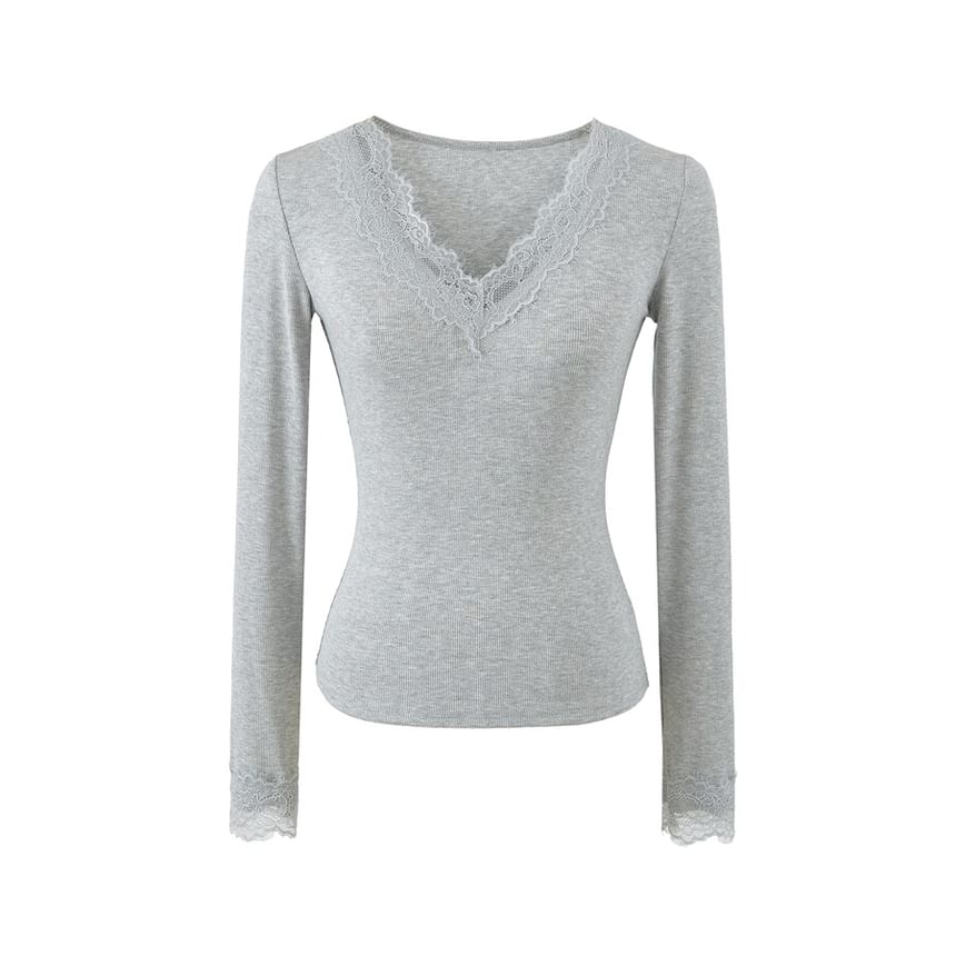 V-Neck Panel Lace Top with Long Sleeves