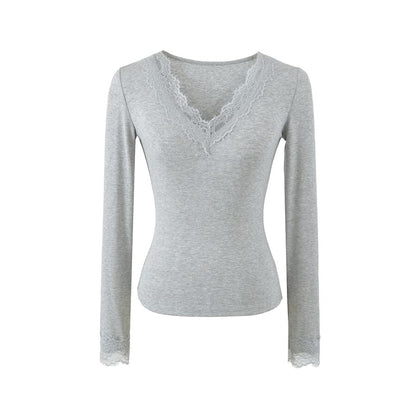 V-Neck Panel Lace Top with Long Sleeves