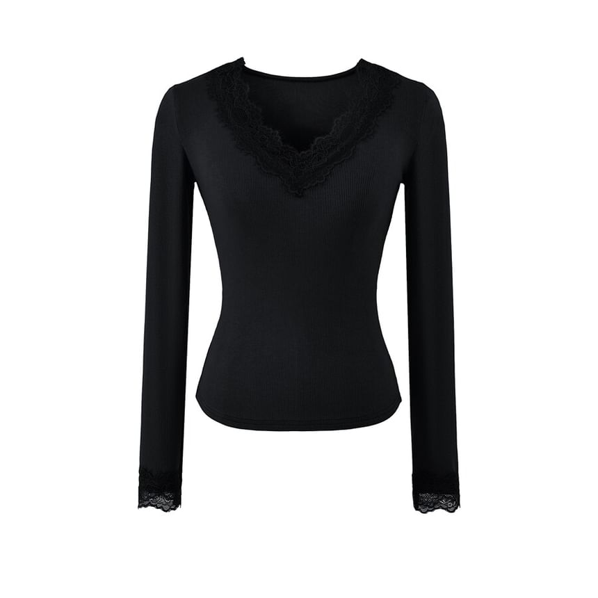V-Neck Panel Lace Top with Long Sleeves
