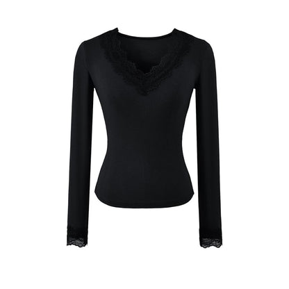 V-Neck Panel Lace Top with Long Sleeves