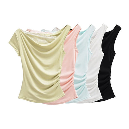 Cowl Neck Mock Two Piece Ruched Lace Top