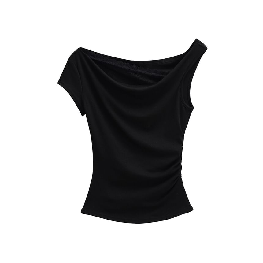 Cowl Neck Mock Two Piece Ruched Lace Top