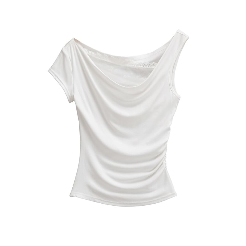 Cowl Neck Mock Two Piece Ruched Lace Top