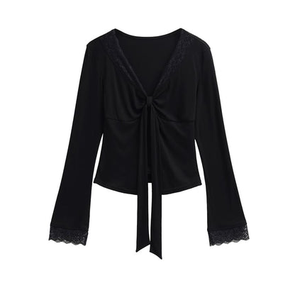 V-Neck Tie-Up Panel Lace Top