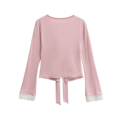 V-Neck Tie-Up Panel Lace Top