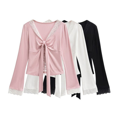 V-Neck Tie-Up Panel Lace Top
