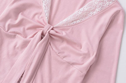 V-Neck Tie-Up Panel Lace Top