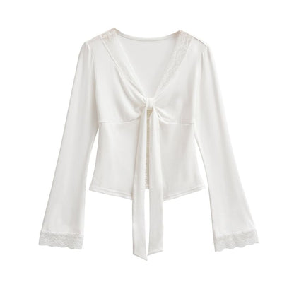 V-Neck Tie-Up Panel Lace Top