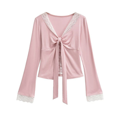 V-Neck Tie-Up Panel Lace Top