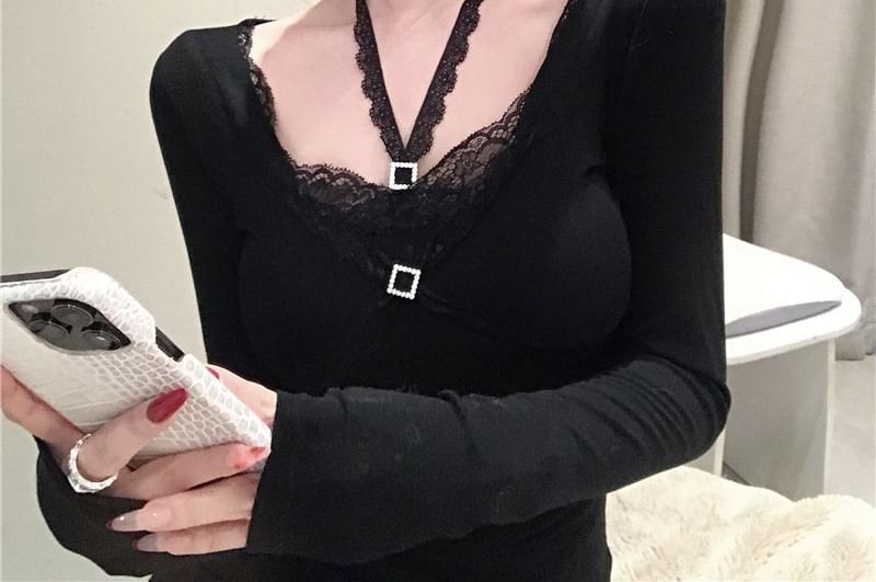 Lace Crop Top with Halter Neck and Long Sleeves