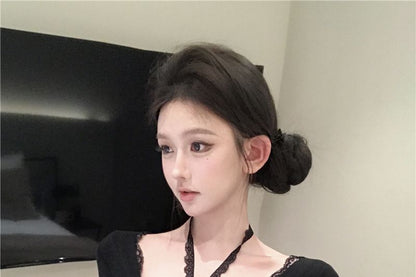 Lace Crop Top with Halter Neck and Long Sleeves