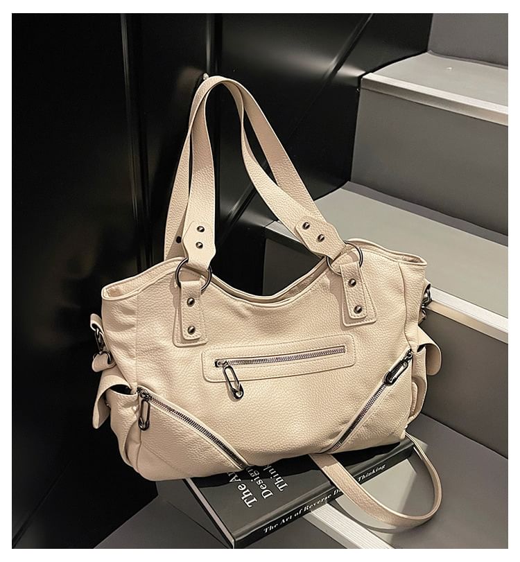 Zip Studded Flap Pocket Tote Bag
