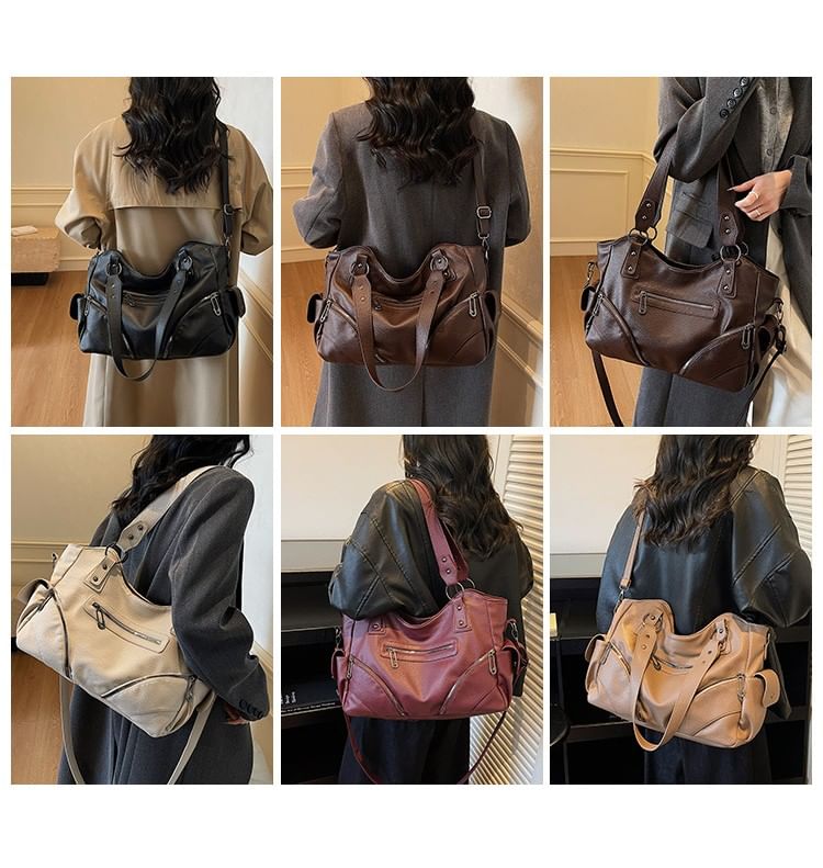 Zip Studded Flap Pocket Tote Bag