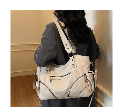 Zip Studded Flap Pocket Tote Bag