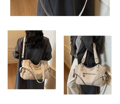 Zip Studded Flap Pocket Tote Bag