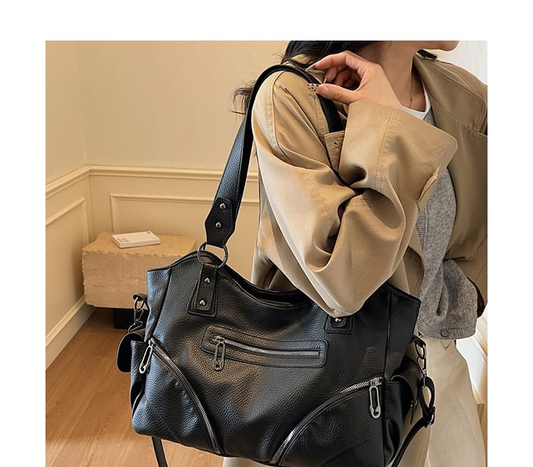 Zip Studded Flap Pocket Tote Bag