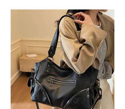 Zip Studded Flap Pocket Tote Bag
