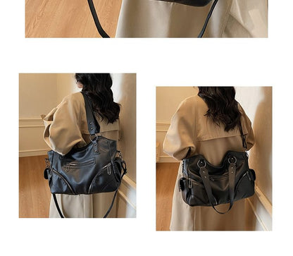 Zip Studded Flap Pocket Tote Bag