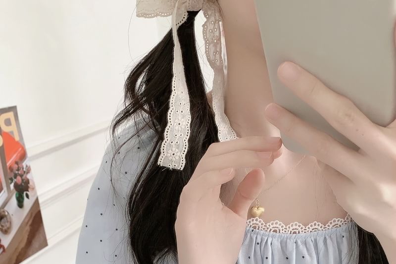 Dotted Lace Trim Pajama Set with Top and Pants