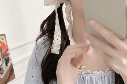 Dotted Lace Trim Pajama Set with Top and Pants
