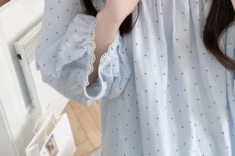 Dotted Lace Trim Pajama Set with Top and Pants