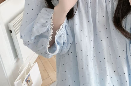 Dotted Lace Trim Pajama Set with Top and Pants