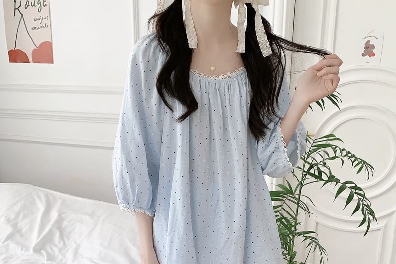 Dotted Lace Trim Pajama Set with Top and Pants