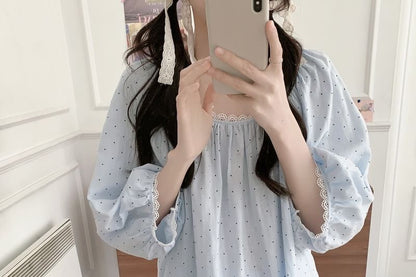 Dotted Lace Trim Pajama Set with Top and Pants