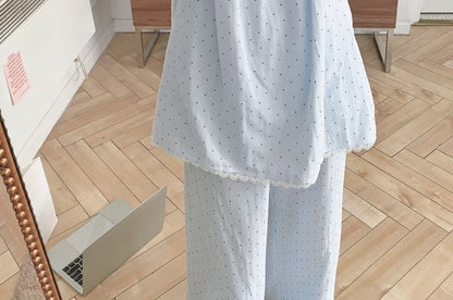 Dotted Lace Trim Pajama Set with Top and Pants