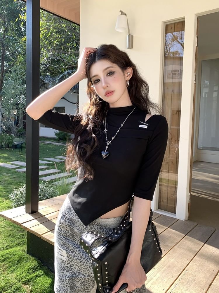 Asymmetrical Cutout Crop Tee with Elbow Sleeves