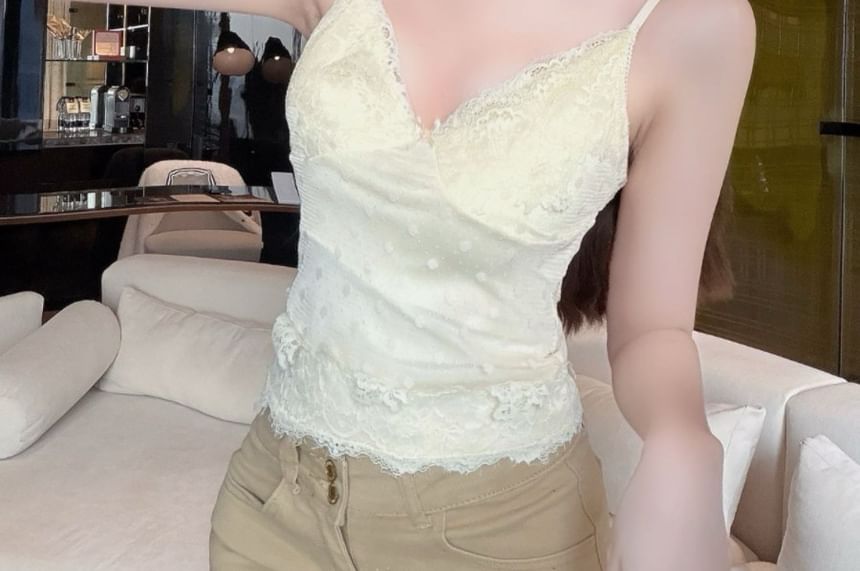 Lace-Trim Crop Camisole with V-Neck and Cutout Back