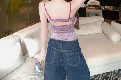 Lace-Trim Crop Camisole with V-Neck and Cutout Back