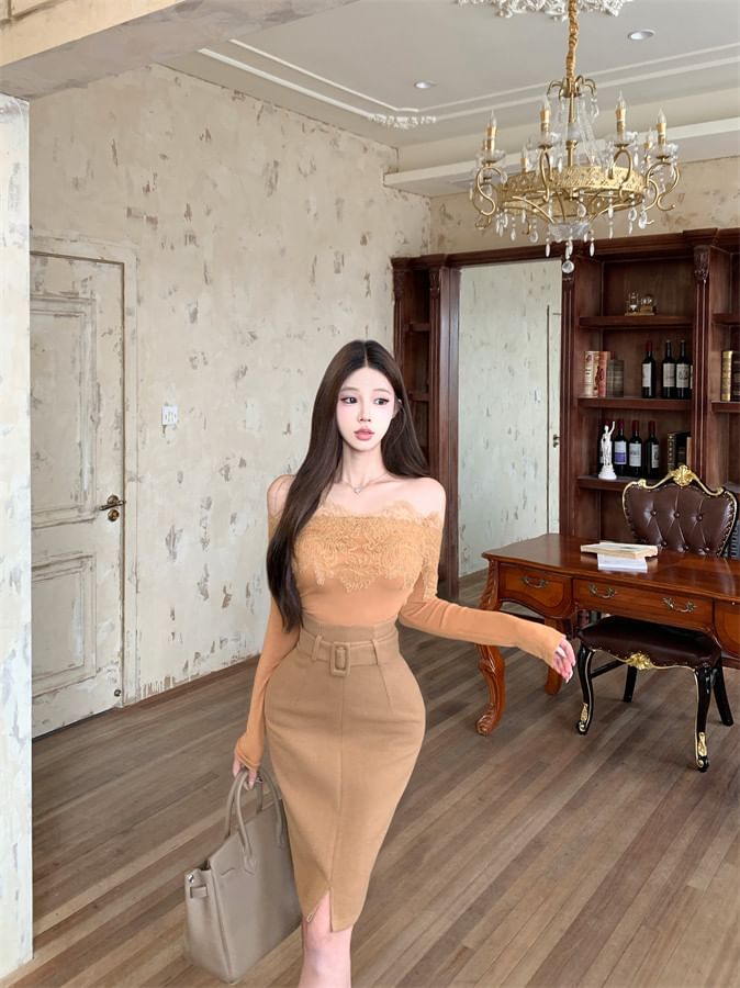 Off Shoulder Lace Trim Top and Belted Pencil Skirt Set